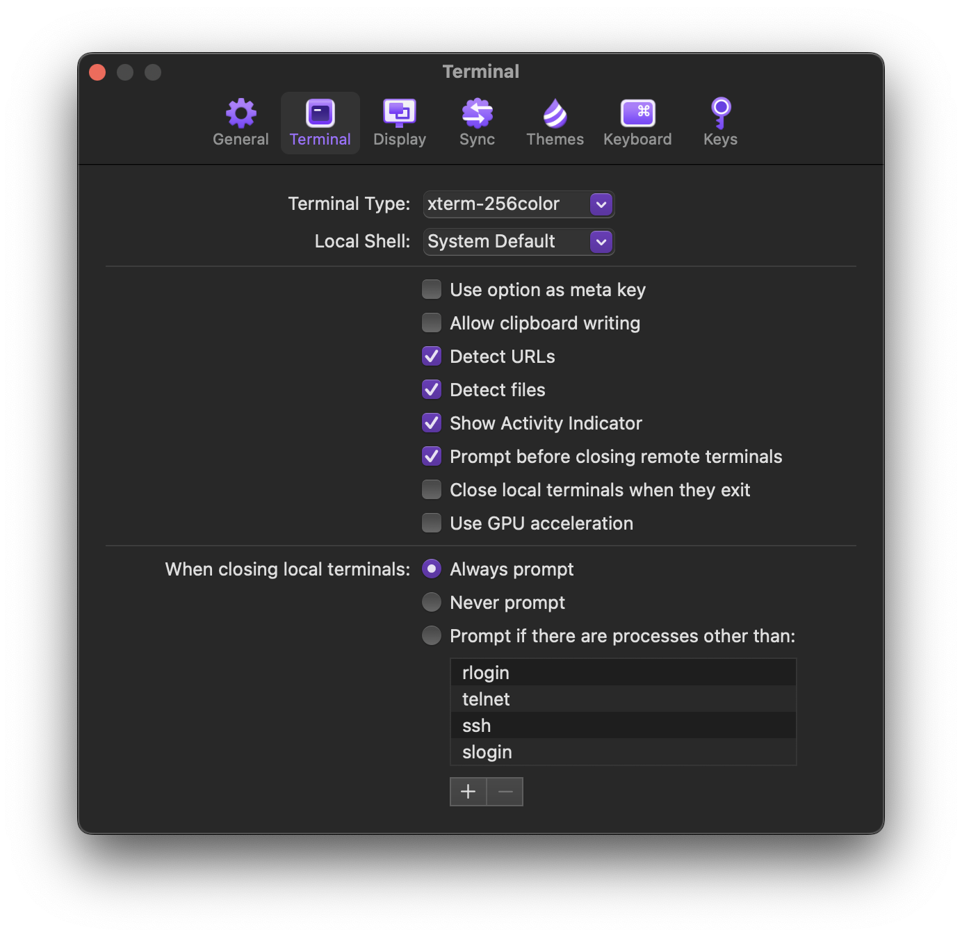 The Terminal pane of Prompt's settings window. The Terminal pane of Prompt's settings window.